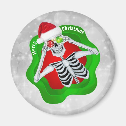 クリスマススケルトンオーナメント（ばちゃばちゃ）跳ねるシェイプ円 マグネット (正面)