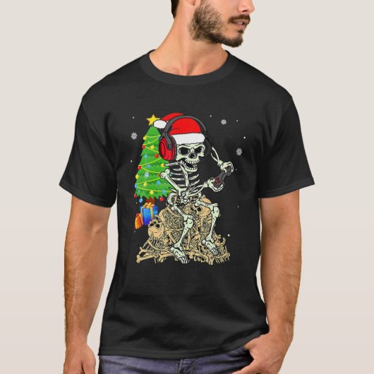 クリスマススケルトンゲーマーパジャマクリスマスツリーファミリーG Tシャツ (正面)