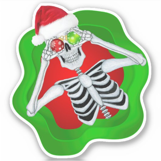 クリスマススケルトンサンタハットオーナメントグリーンレッド シール (正面)