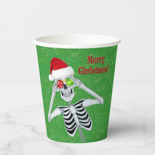 クリスマススケルトンスノーフレークオーナメントハットグリーン 紙コップ (正面)
