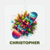 クリスマススケートボードファン名前をカスタムする メタルオーナメント (正面)