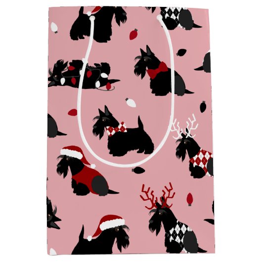 クリスマススコティッシュテリアピンク ミディアムペーパーバッグ (正面)