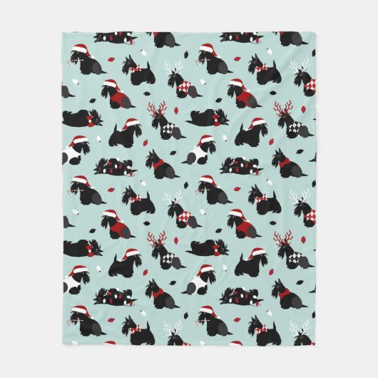 クリスマススコティッシュテリアブルー フリースブランケット (正面)