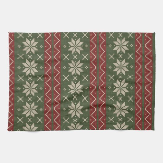 クリスマスススススススカンジナビア編み赤素朴緑 キッチンタオル (横)