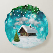 クリスマスススススノーコテージ&ライトターコイズ《写真》ぼけ味 ラウンドクッション (裏面)