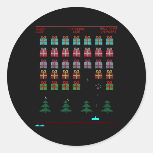 クリスマススタイルレトロビデオゲーム ラウンドシール (正面)