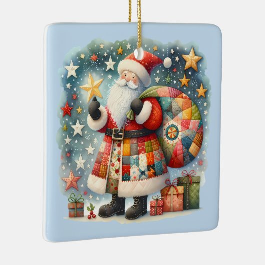 クリスマススターとキルティングパッチワークサンタ セラミックオーナメント (右)