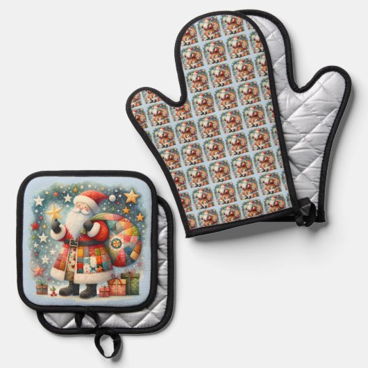 クリスマススターとキルティングパッチワークサンタ 鍋つかみ&鍋敷きセット (正面/裏面)