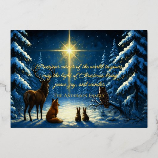 クリスマススターに魅了される森林動物 箔シーズンカード (正面)