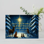 クリスマススターに魅了される森林動物 箔シーズンカード (立ち正面)