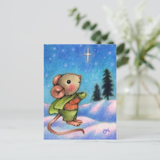 クリスマススターの願い – かわいいホリデーマウスアート シーズンポストカード (スタンド正面)