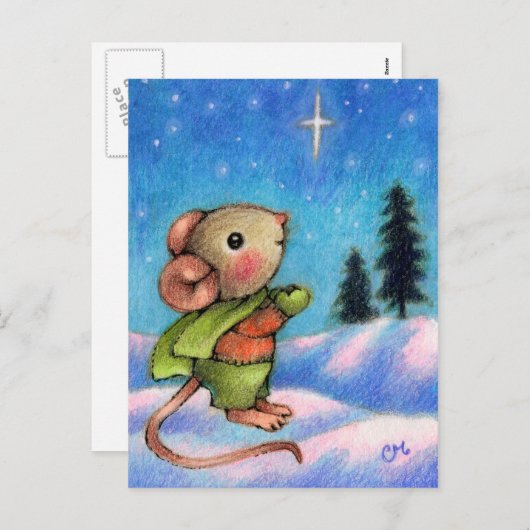 クリスマススターの願い – かわいいホリデーマウスアート シーズンポストカード (正面/裏面)