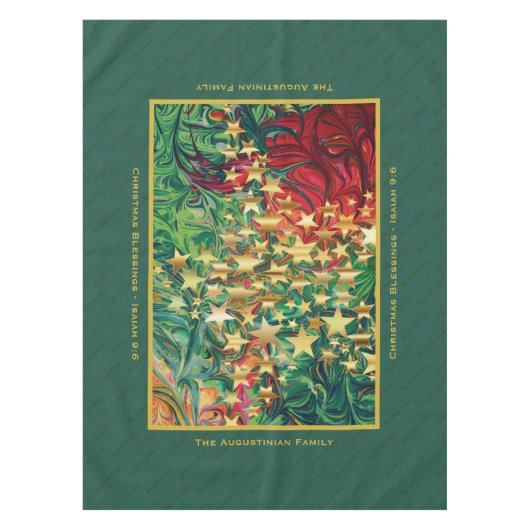 クリスマススターズレッドグリーンパーソナライズされた金ゴールド テーブルクロス (正面)