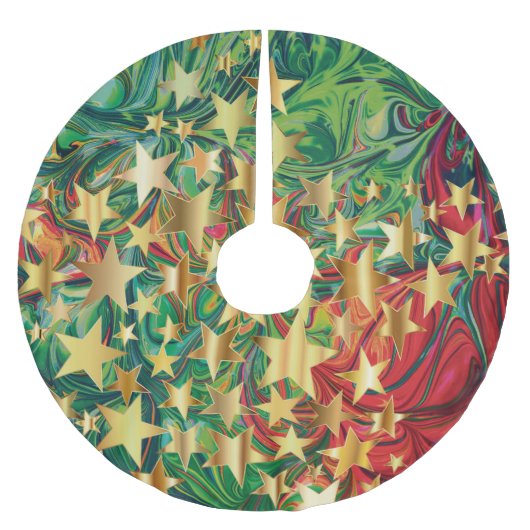 クリスマススターズレッドグリーンフェイク金ゴールドレトロ抽象芸術 ブラッシュドポリエステルツリースカート (正面)