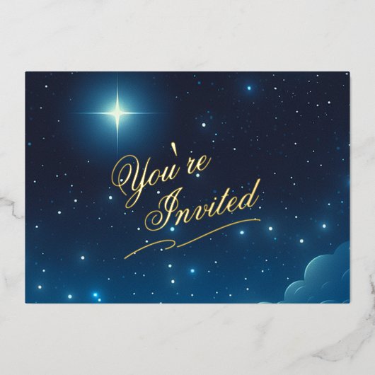 クリスマススターブルーフォイル招待状 箔招待状 (正面)