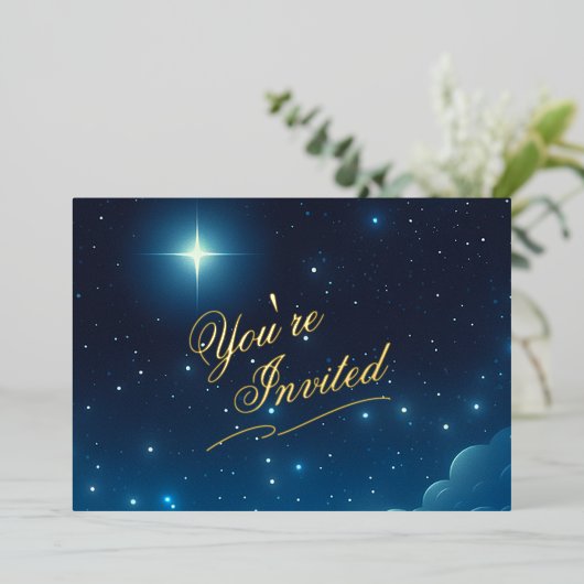 クリスマススターブルーフォイル招待状 箔招待状 (立ち正面)