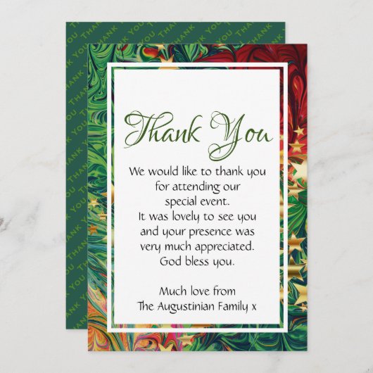 クリスマススター フェスティブ レトロ 赤 緑 ゴールド サンキューカード (正面/裏面)