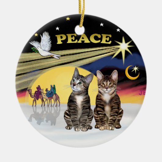 クリスマススター – Two Tabby cats (AmSH) セラミックオーナメント (正面)