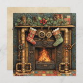 クリスマススチームパンク暖炉グリーティングカード (正面/裏面)