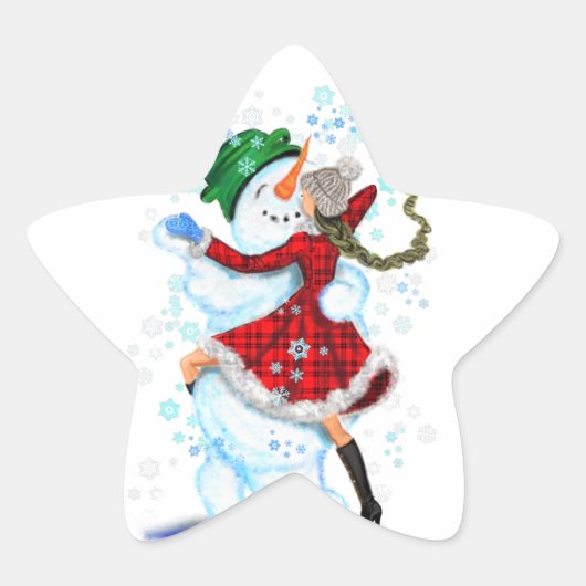 クリスマスステッカー幸せな雪だるまと女の子ダンス 星シール (正面)