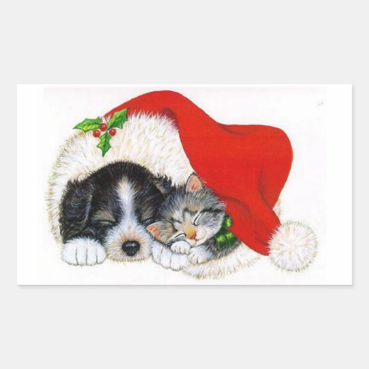 クリスマスステッカー/子犬と子猫 長方形シール (正面)