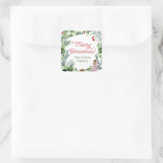 クリスマスステッカー、緑と果実のリース スクエアシール (バッグ)