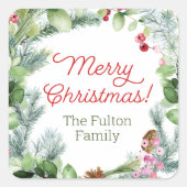 クリスマスステッカー、緑と果実のリース スクエアシール (正面)
