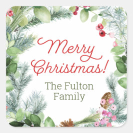 クリスマスステッカー、緑と果実のリース スクエアシール