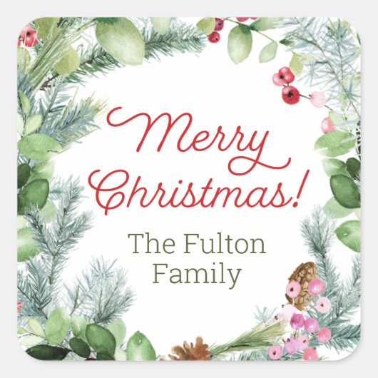 クリスマスステッカー、緑と果実のリース スクエアシール (正面)