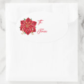 クリスマスステッカー – 赤ポインセチア楕円ステッカー 楕円形シール (バッグ)