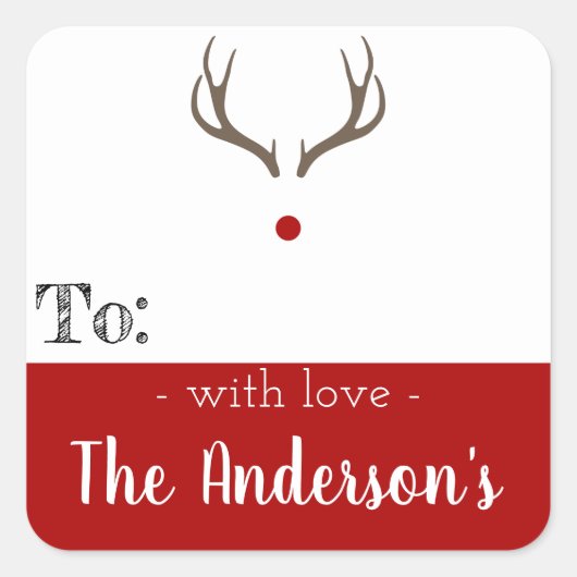 クリスマスステッカー – Rudolph Reindeer現在のラベル スクエアシール (正面)