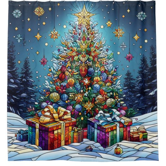 クリスマスステンドグラスのシャワーカーテン シャワーカーテン (正面)