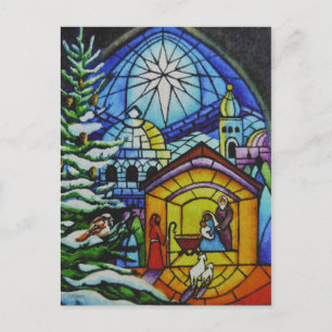 クリスマスステンドグラス窓の水彩画 ポストカード