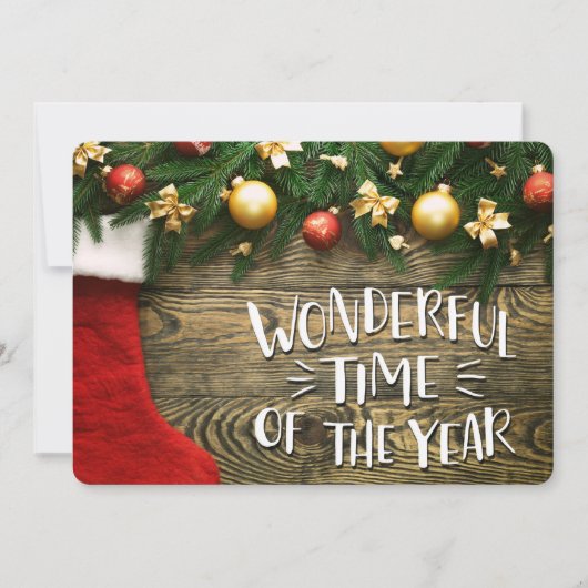 クリスマスストッキングとガーランド、両面フォトカード シーズンカード (正面)