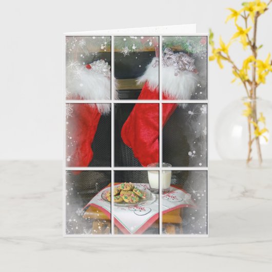 クリスマスストッキングとクッキー（暖炉ごと） カード (黄色い花)