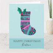 クリスマスストッキングとモノグラム抽象芸術パターン カード (正面)