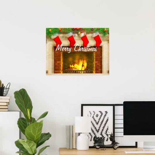 クリスマスストッキングと暖炉のポスタープリント ポスター (ホームオフィス)