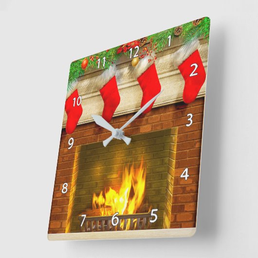 クリスマスストッキングと暖炉の壁時計 スクエア壁時計 (傾斜)