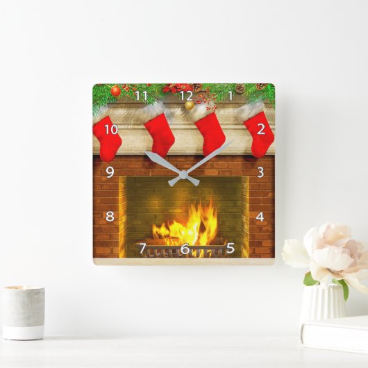 クリスマスストッキングと暖炉の壁時計 スクエア壁時計 (ホーム)