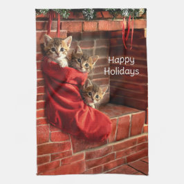 クリスマスストッキングのキッチンにいる3匹の子猫 キッチンタオル