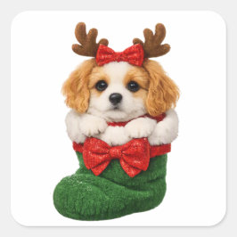 クリスマスストッキングの子犬 スクエアシール