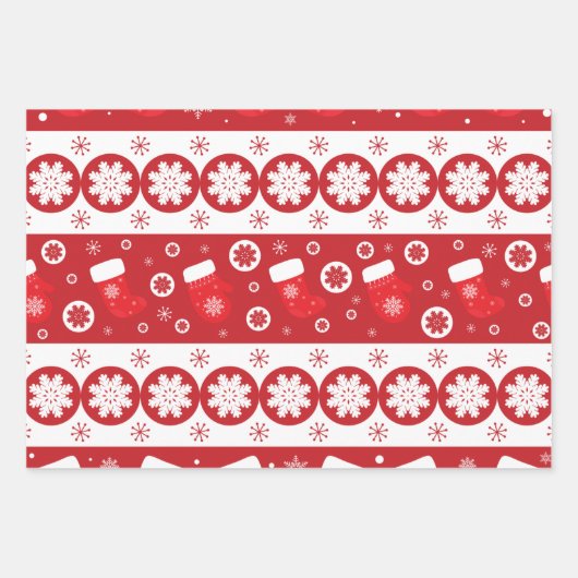 クリスマスストッキングの木と雪のかけらの赤 ラッピングペーパーシート (正面)