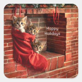 クリスマスストッキングの3匹の子猫ステッカー スクエアシール