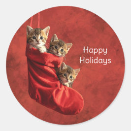 クリスマスストッキングの3匹の子猫ステッカー ラウンドシール