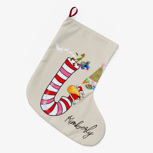 クリスマスストッキングキャンディーケーン小妖精や小人 ラージクリスマスストッキング (正面 (吊り時))