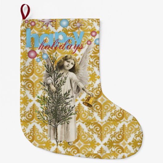 クリスマスストッキングクリスマスエンジェルハッピーホリデー ラージクリスマスストッキング (正面)