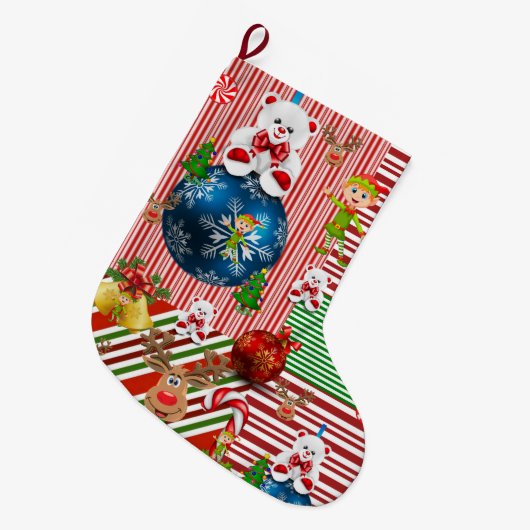 クリスマスストッキングテディベア小妖精や小人 ラージクリスマスストッキング (正面 (吊り時))