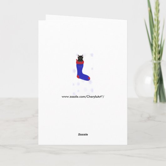 クリスマスストッキングネコ雪片グリーティングカード シーズンカード (裏面)