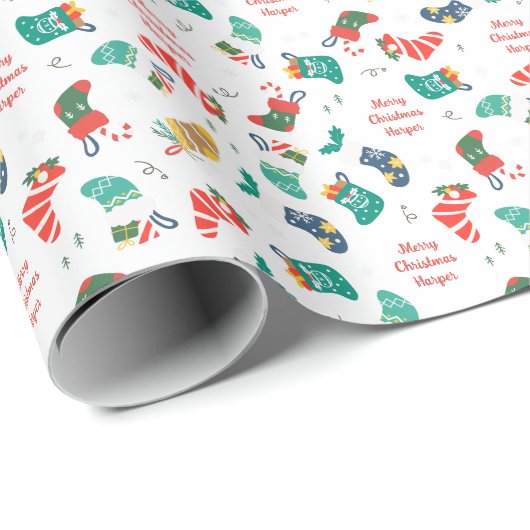クリスマスストッキングパーソナライズされた休日 ラッピングペーパー (ロールコーナー)