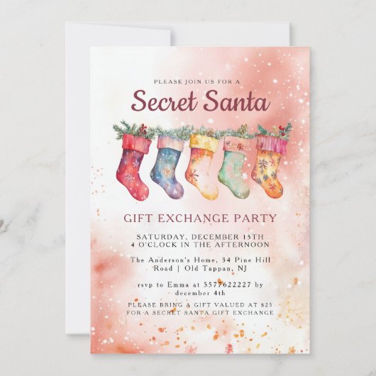 クリスマスストッキングピンクシークレットサンタパーティー 招待状 (正面)